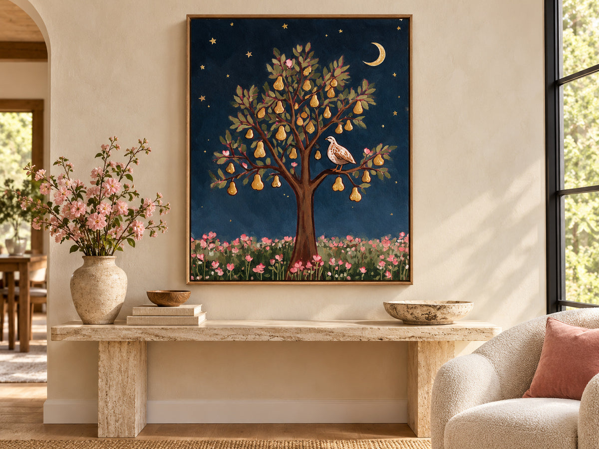 Partridge in a Pear Tree canvas artwork shown in a canvas oak floating frame setting.