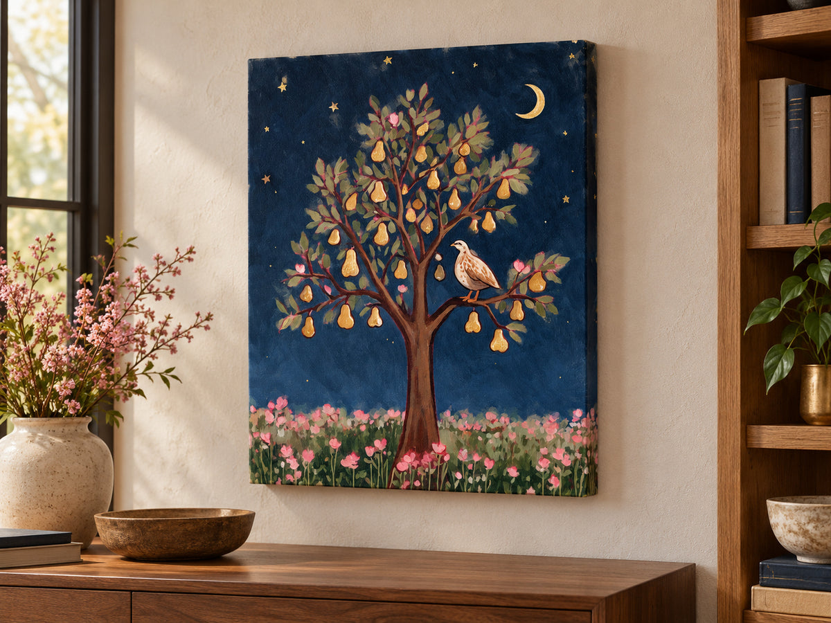 Partridge in a Pear Tree canvas artwork shown in a canvas unframed home study setting.