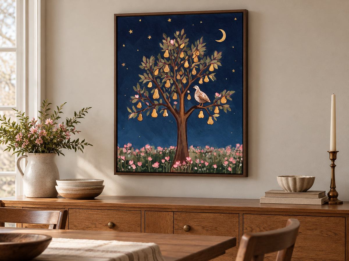 Partridge in a Pear Tree canvas artwork shown in a canvas walnut dining room setting.