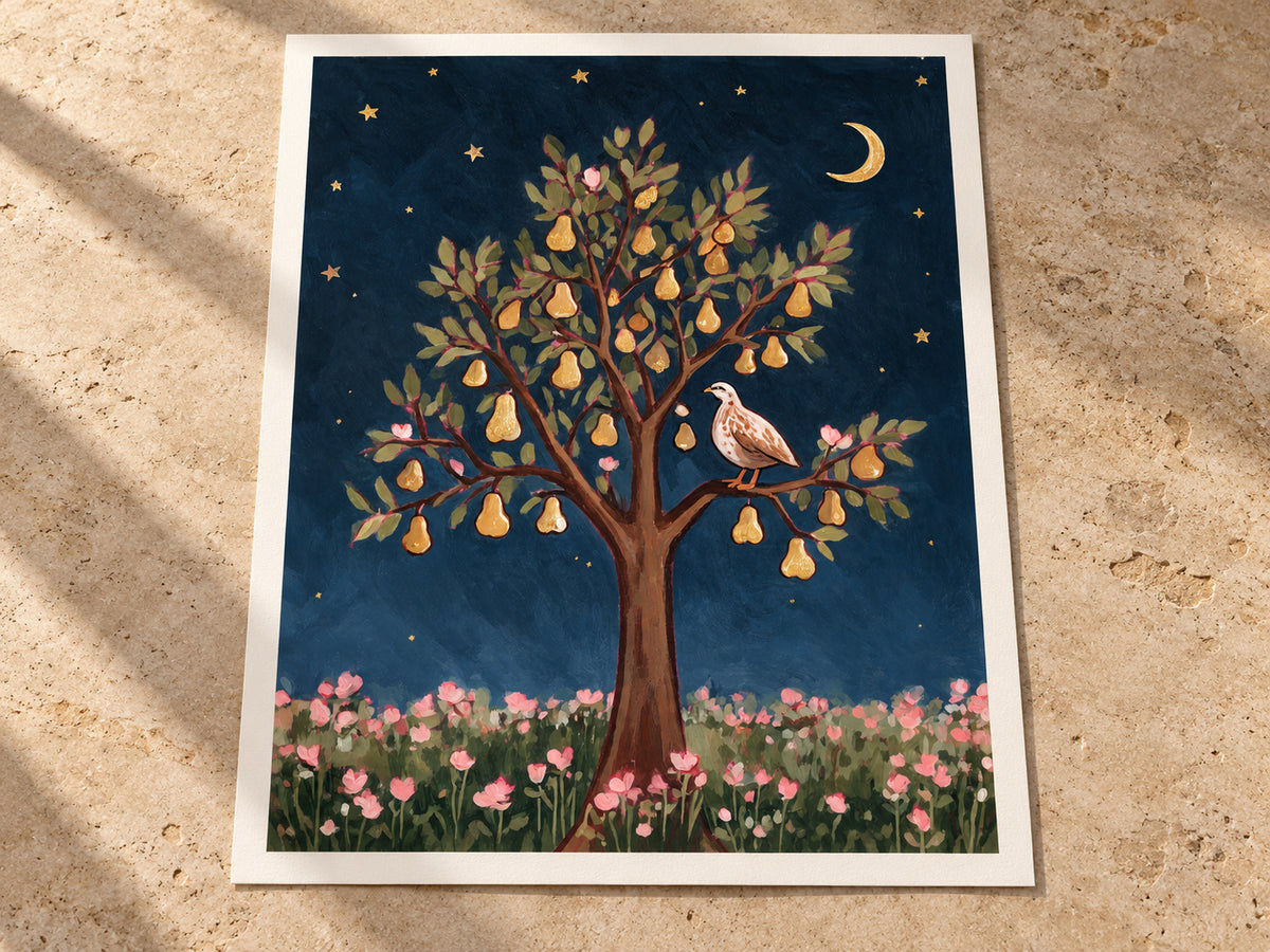 Partridge in a Pear Tree paper artwork shown in a paper warm white half inch margin setting.