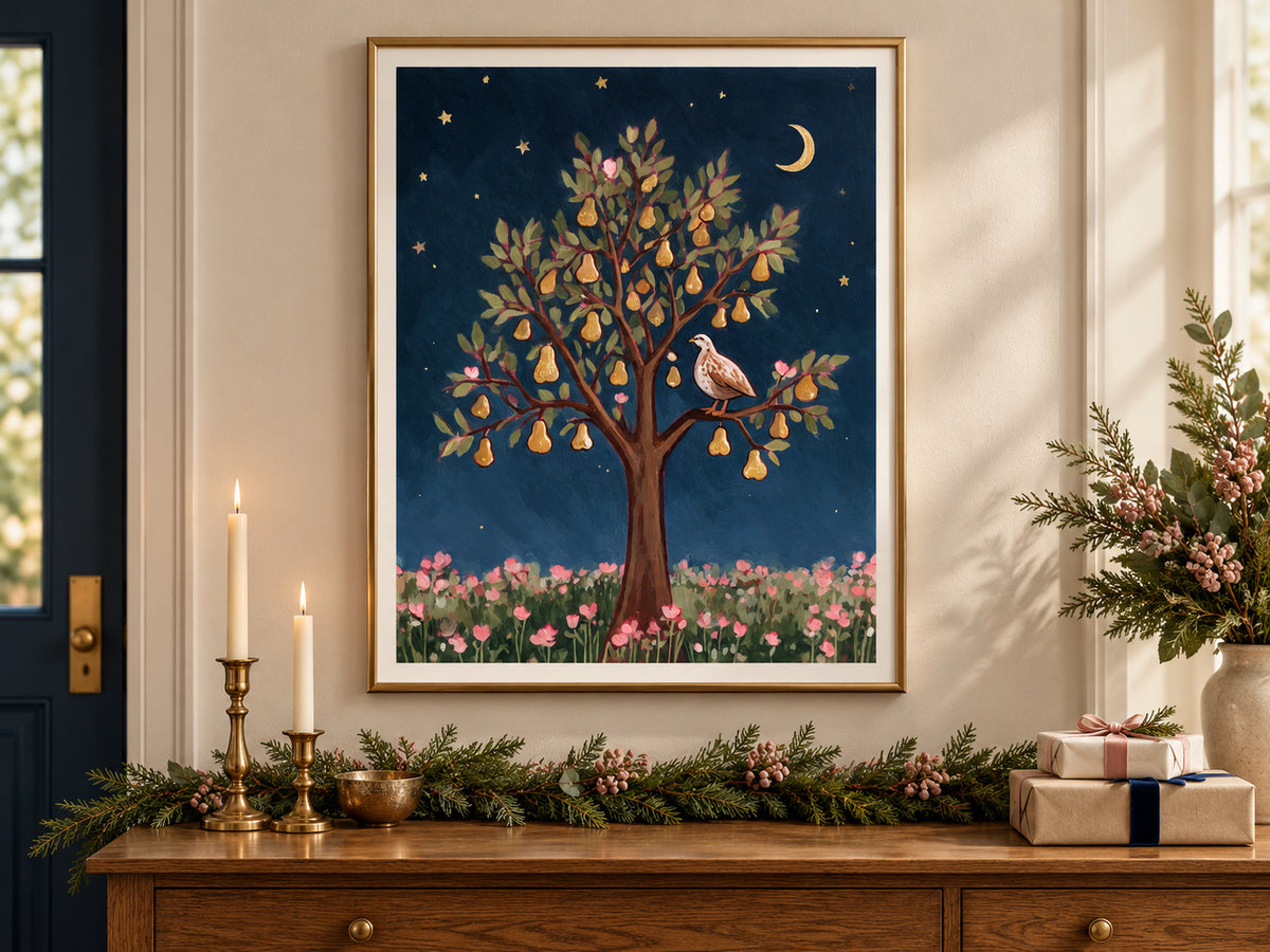 Partridge in a Pear Tree paper artwork shown in a paper christmas evergreen entry setting.