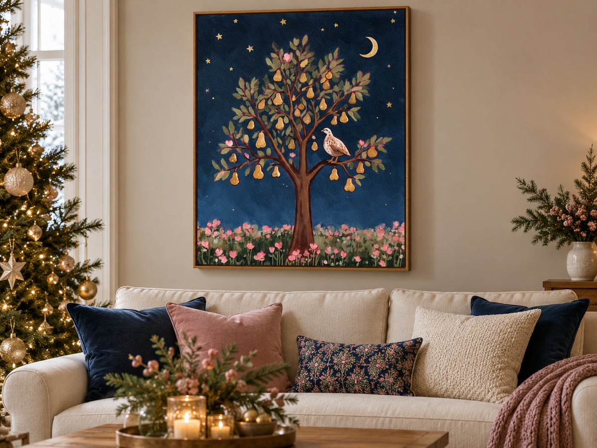 Partridge in a Pear Tree canvas artwork shown in a canvas christmas family room setting.