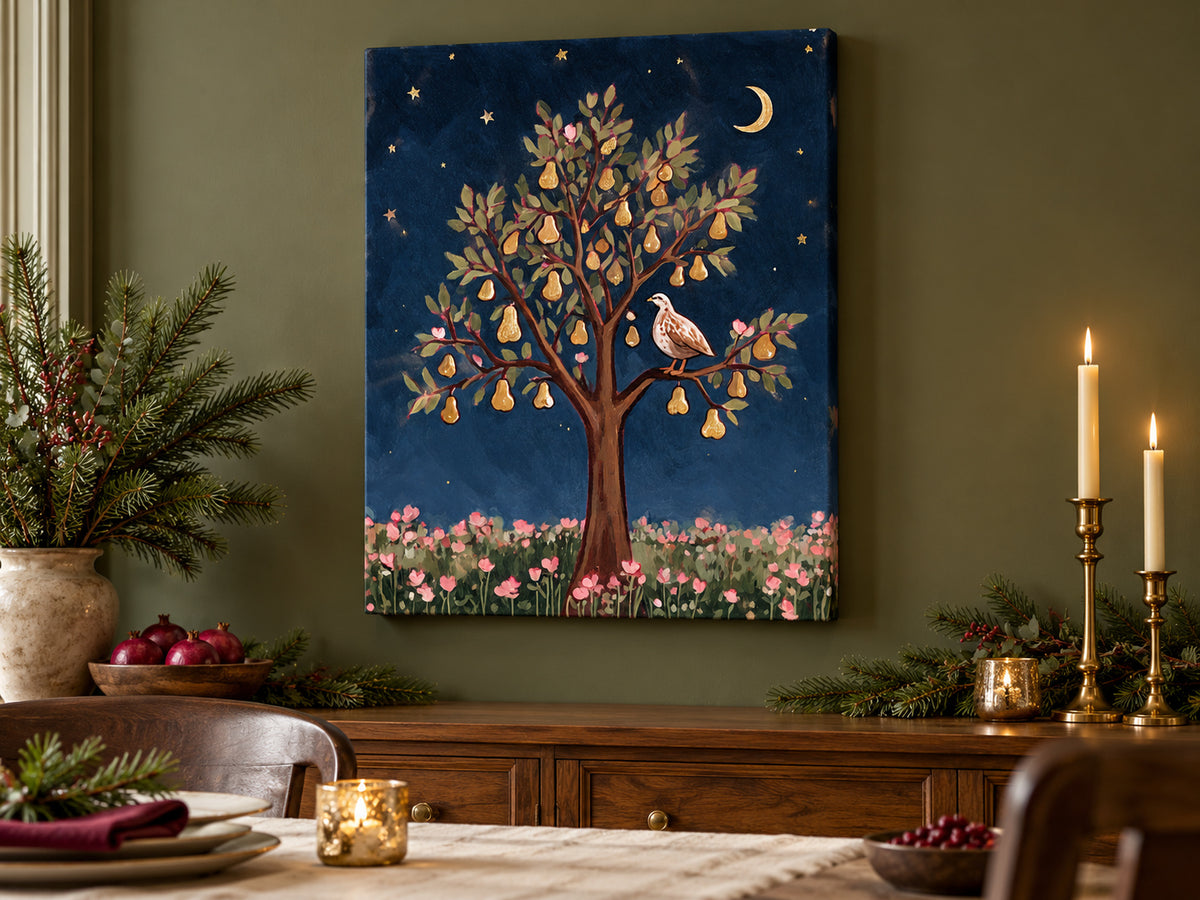 Partridge in a Pear Tree canvas artwork shown in a canvas christmas dining buffet setting.