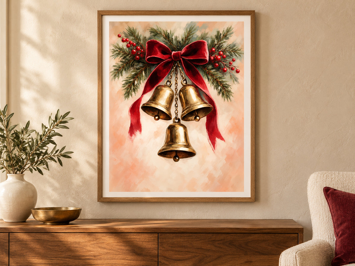 Velvet Ribbon and Bells paper artwork shown in a paper oak living room setting.