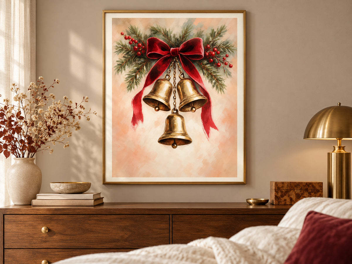 Velvet Ribbon and Bells paper artwork shown in a paper gold bedroom setting.
