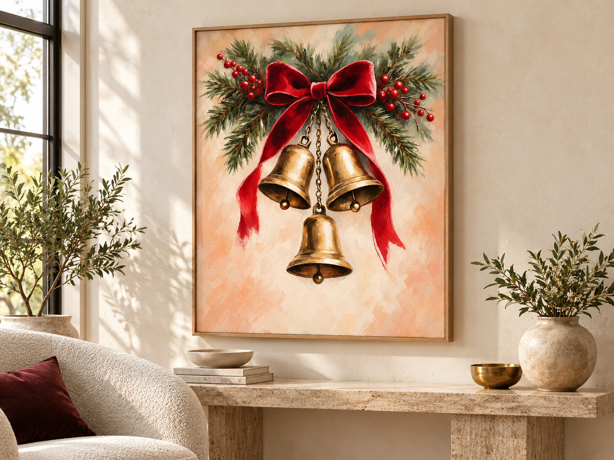 Velvet Ribbon and Bells canvas artwork shown in a canvas oak floating frame setting.