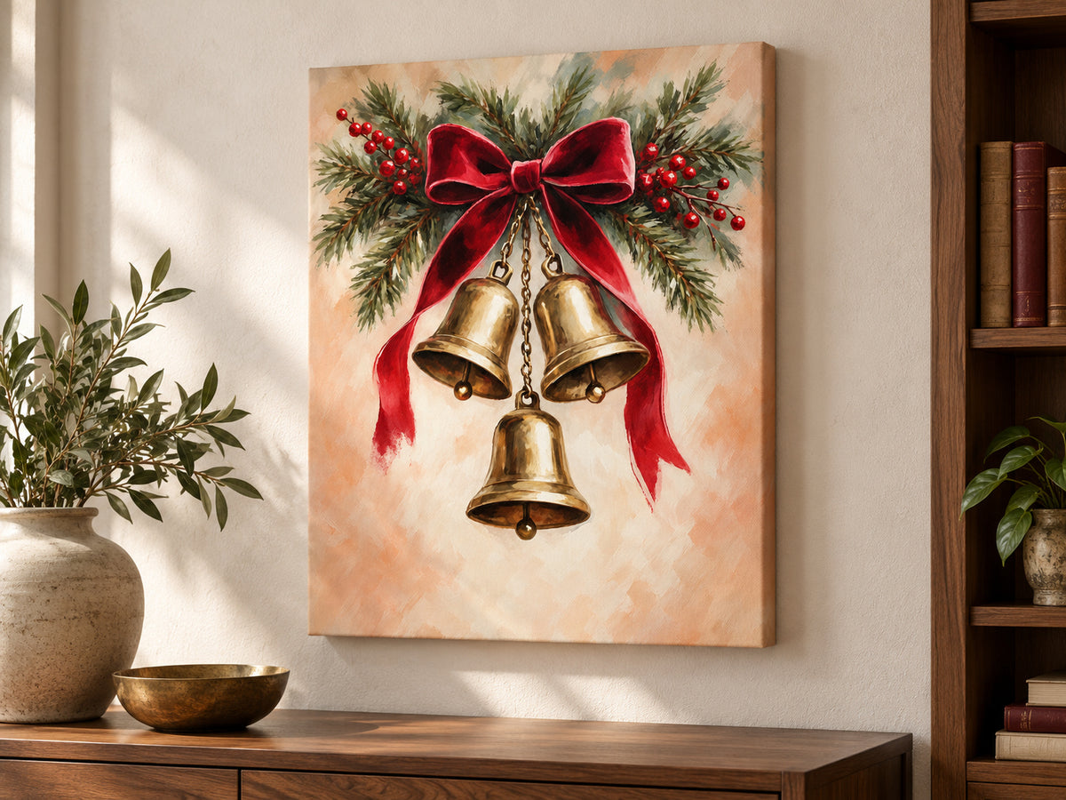 Velvet Ribbon and Bells canvas artwork shown in a canvas unframed home study setting.