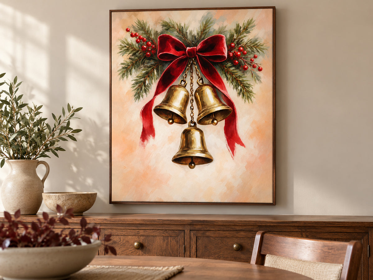 Velvet Ribbon and Bells canvas artwork shown in a canvas walnut dining room setting.