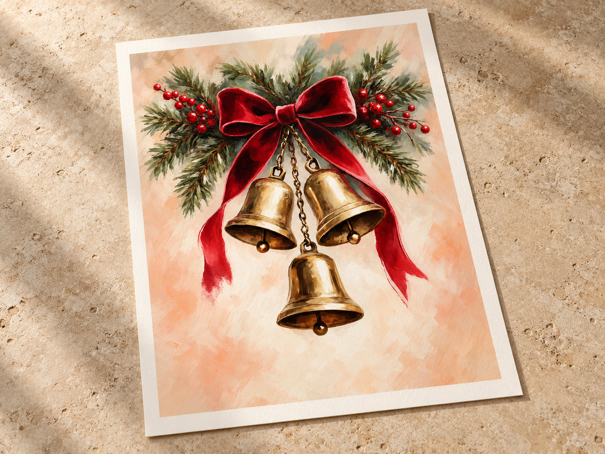 Velvet Ribbon and Bells paper artwork shown in a paper warm white half inch margin setting.