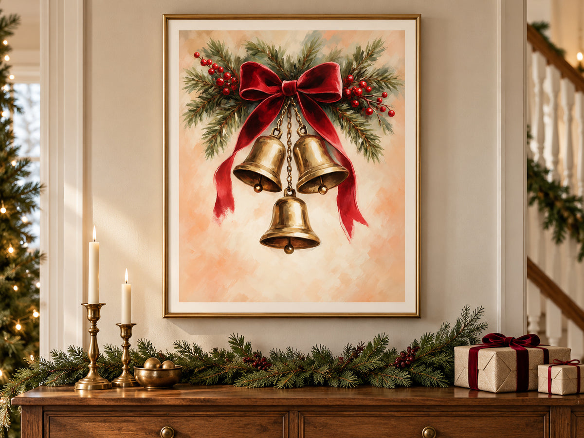 Velvet Ribbon and Bells paper artwork shown in a paper christmas evergreen entry setting.