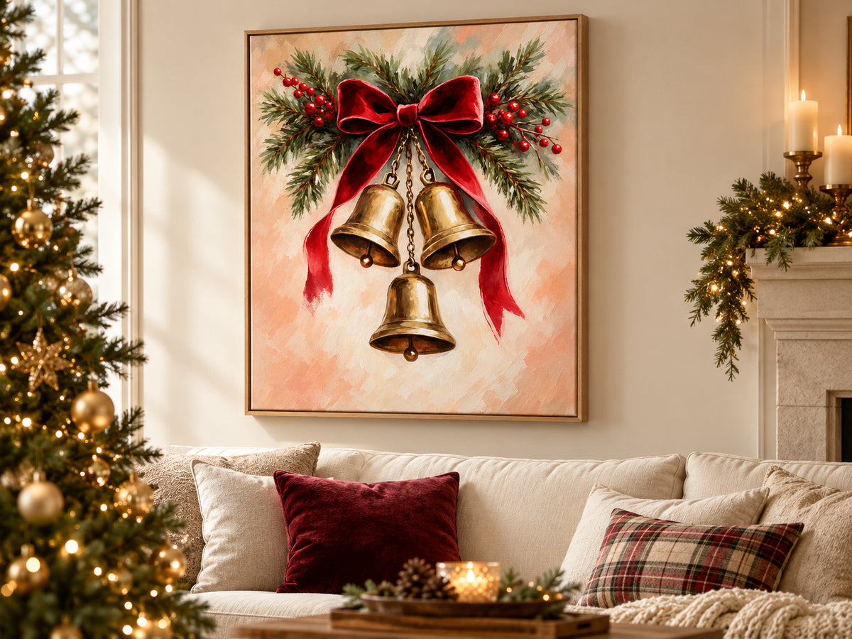 Velvet Ribbon and Bells canvas artwork shown in a canvas christmas family room setting.