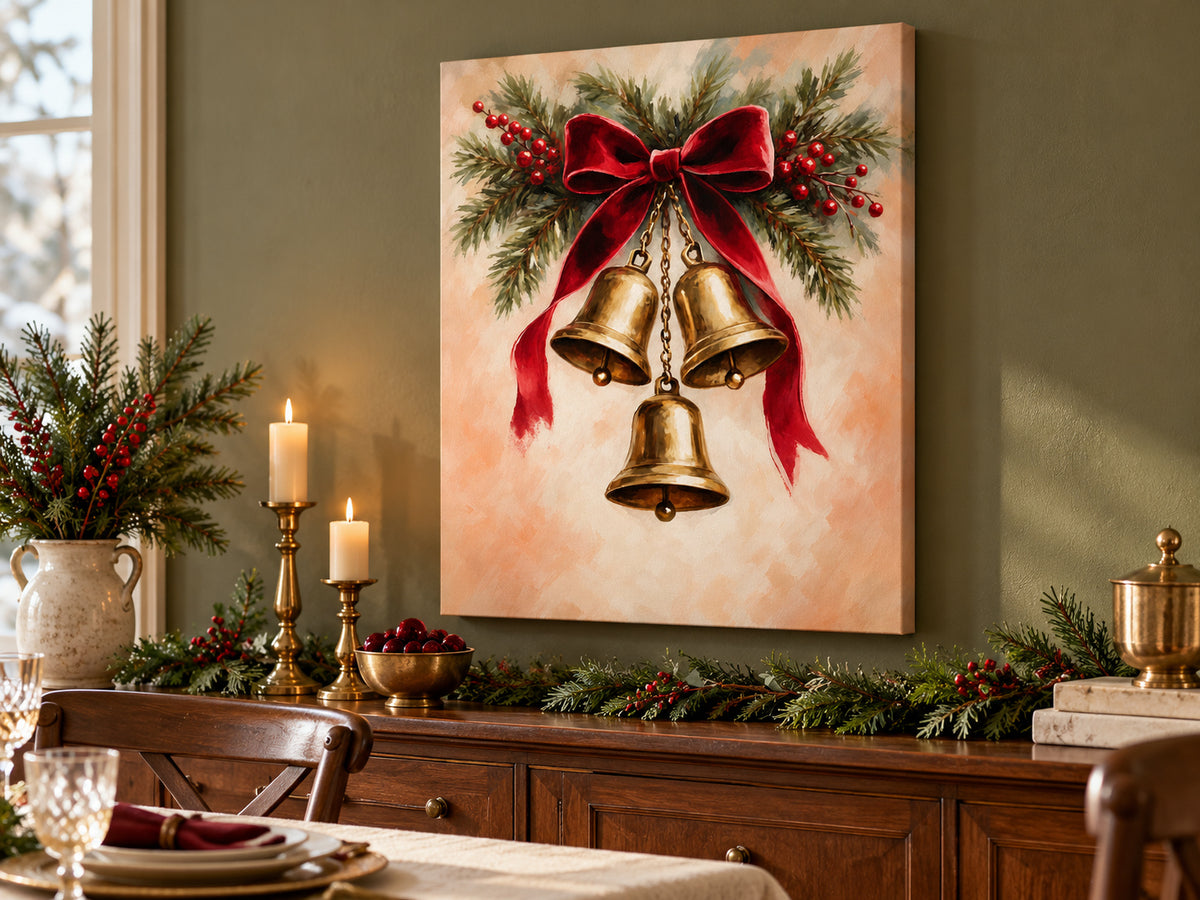Velvet Ribbon and Bells canvas artwork shown in a canvas christmas dining buffet setting.