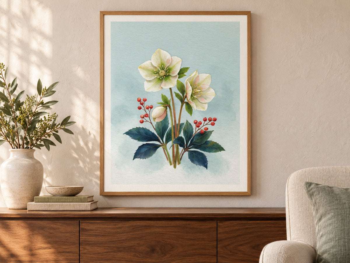 Christmas Rose Study paper artwork shown in a paper oak living room setting.
