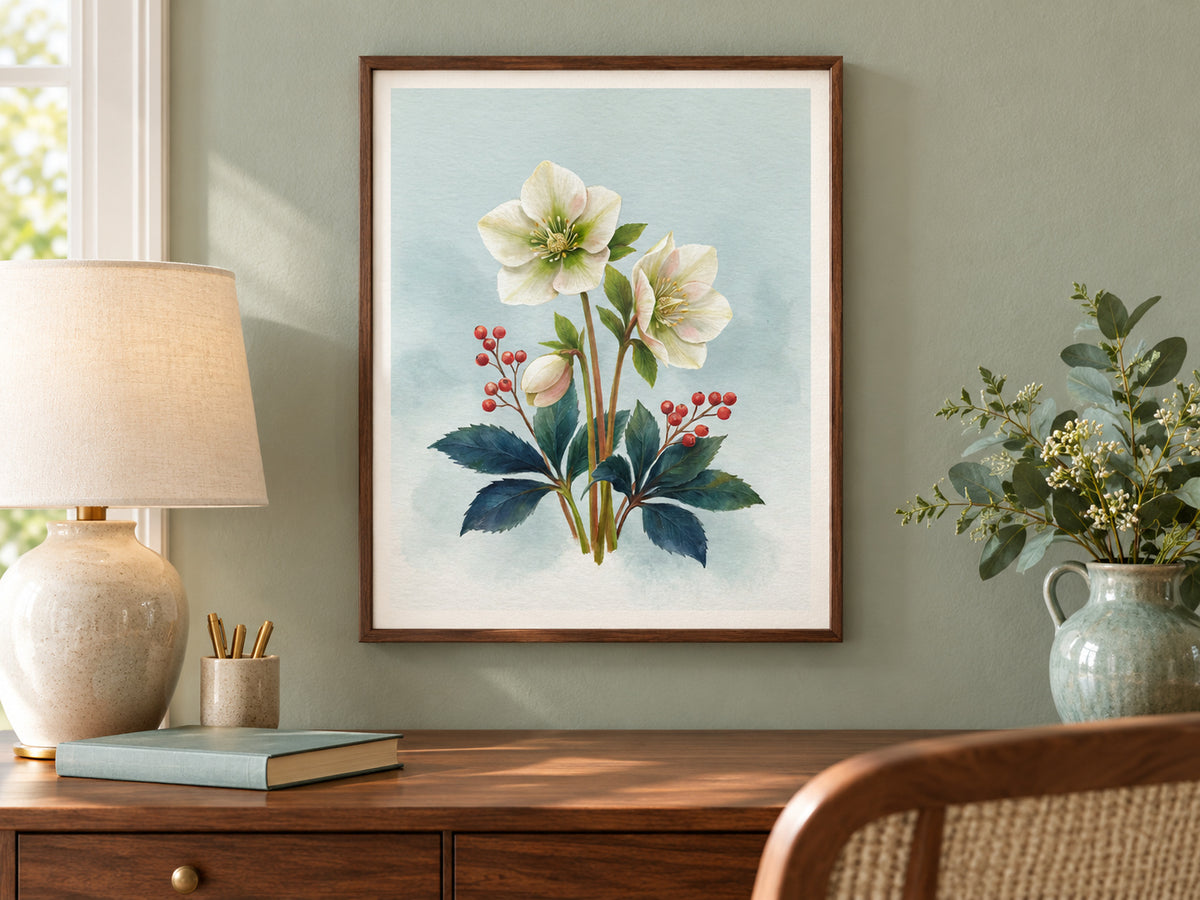 Christmas Rose Study paper artwork shown in a paper walnut reading corner setting.