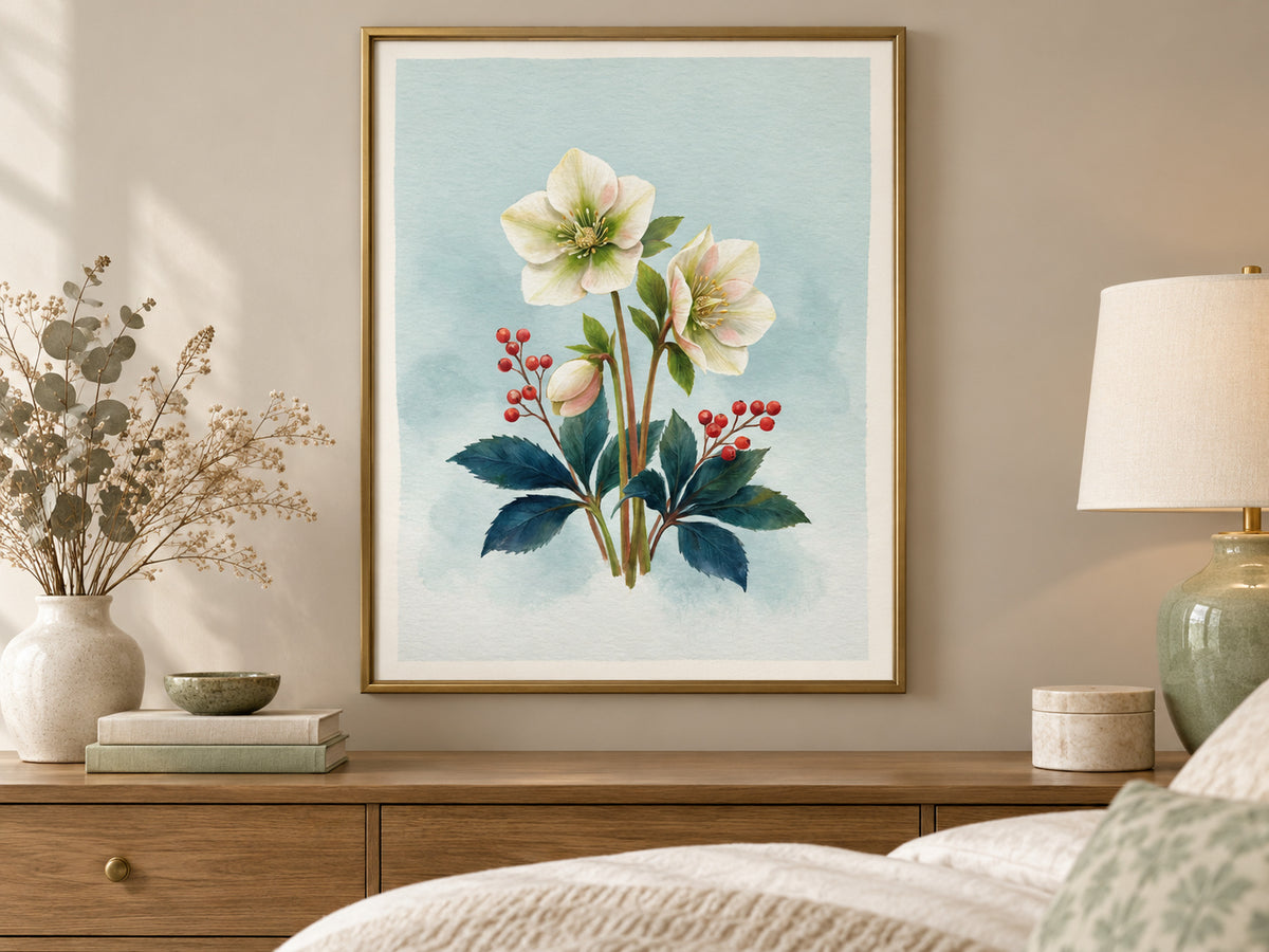 Christmas Rose Study paper artwork shown in a paper gold bedroom setting.