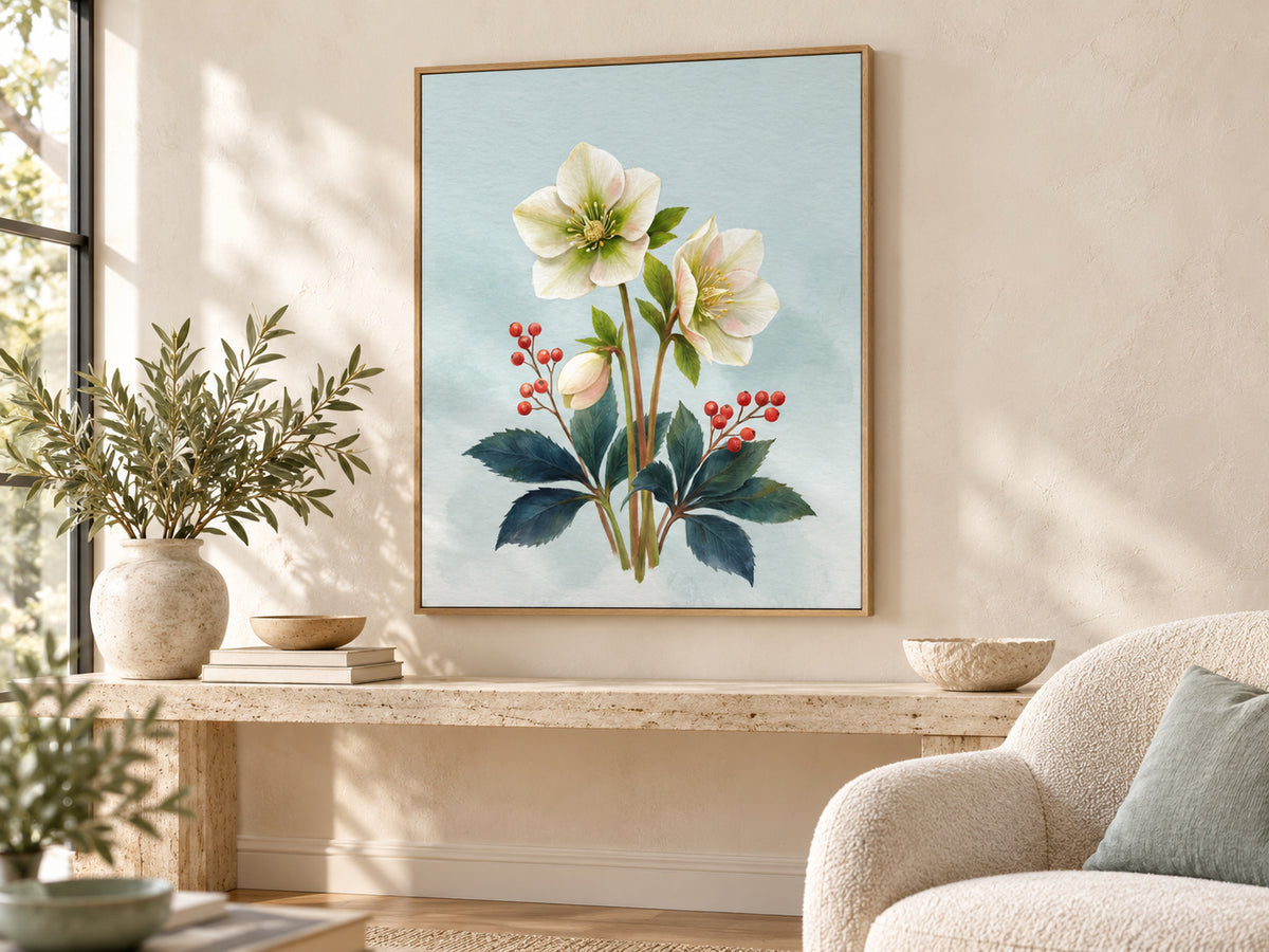 Christmas Rose Study canvas artwork shown in a canvas oak floating frame setting.