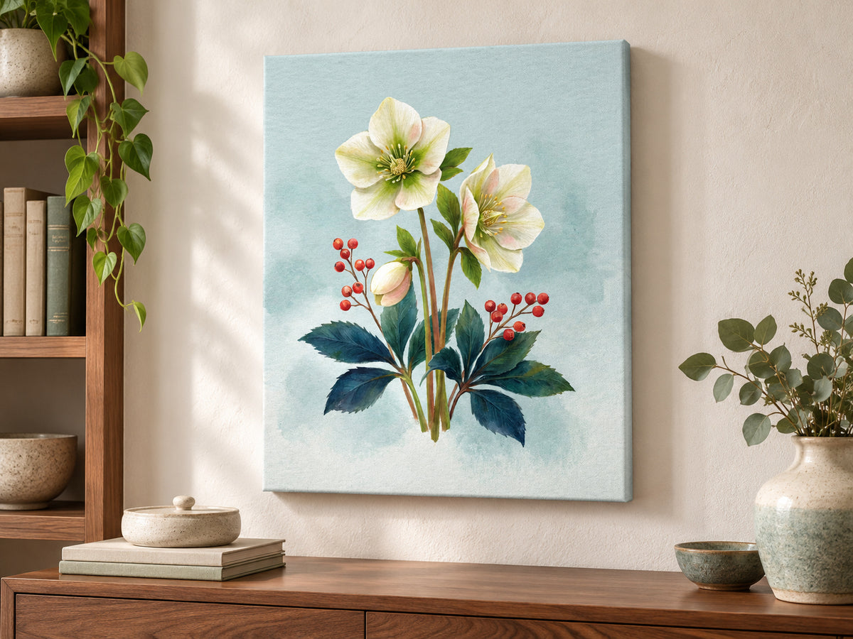 Christmas Rose Study canvas artwork shown in a canvas unframed home study setting.