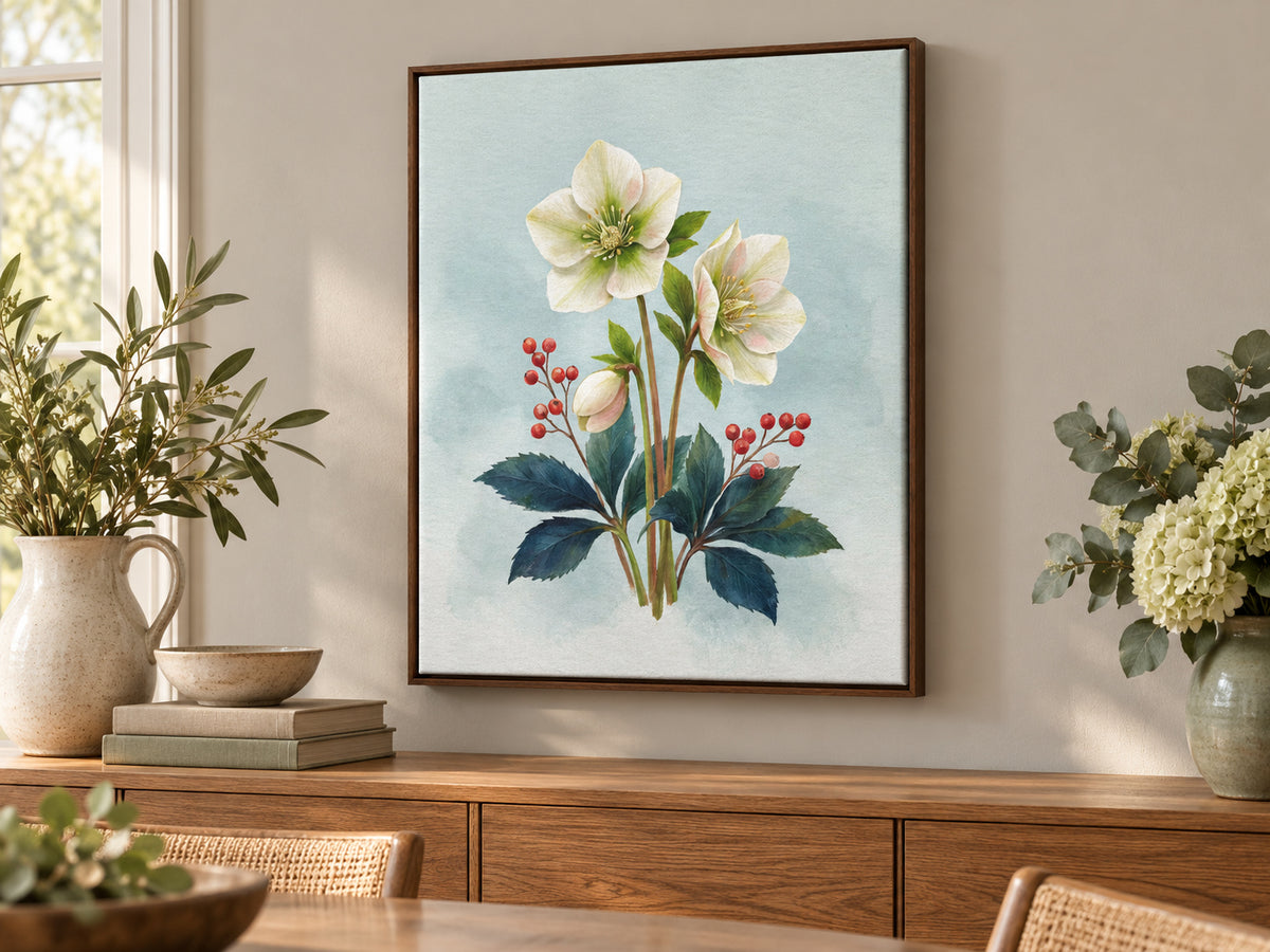 Christmas Rose Study canvas artwork shown in a canvas walnut dining room setting.