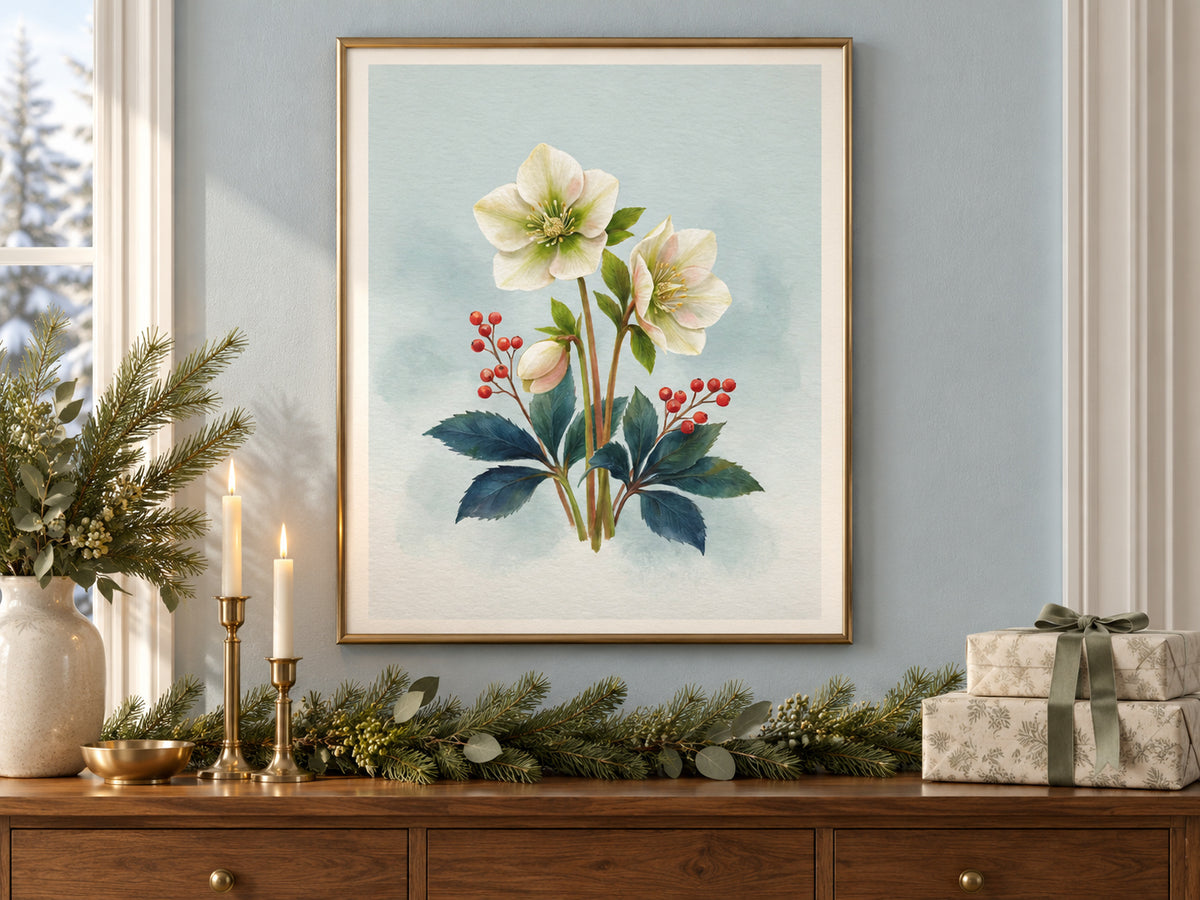 Christmas Rose Study paper artwork shown in a paper christmas evergreen entry setting.