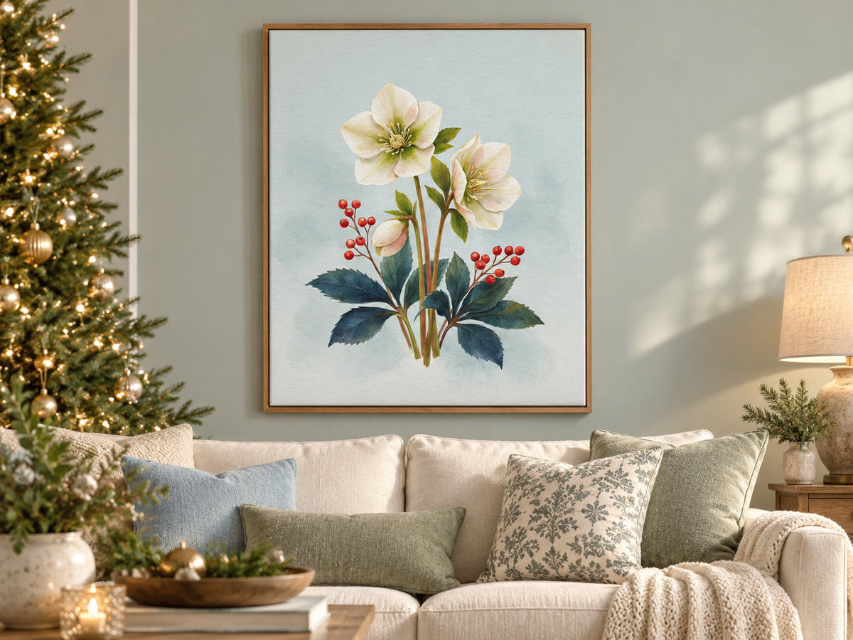 Christmas Rose Study canvas artwork shown in a canvas christmas family room setting.