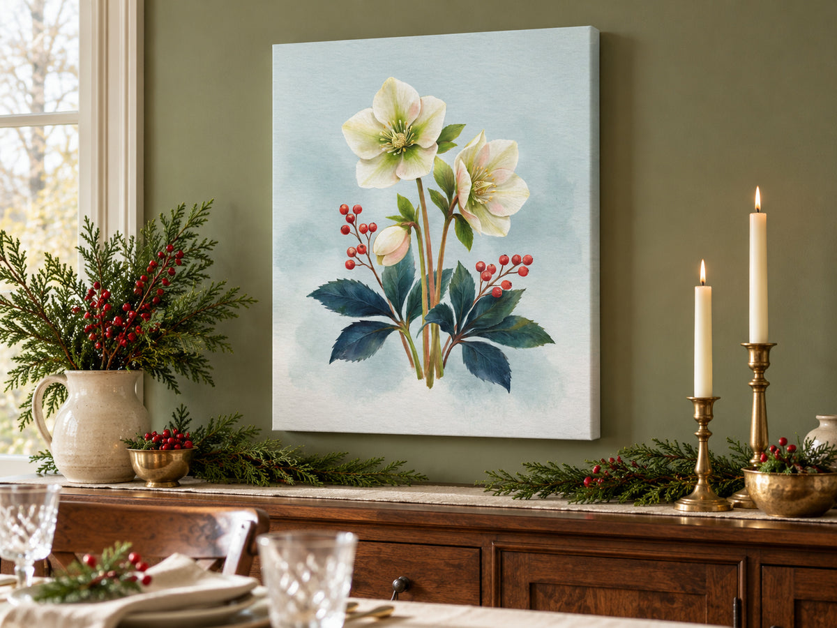 Christmas Rose Study canvas artwork shown in a canvas christmas dining buffet setting.