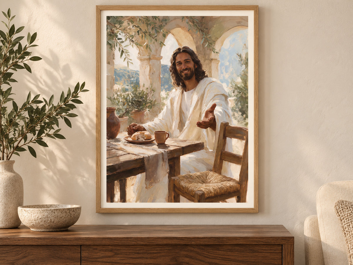 Come to the Table fine art paper print in a simple oak frame, styled in a warm neutral living room.