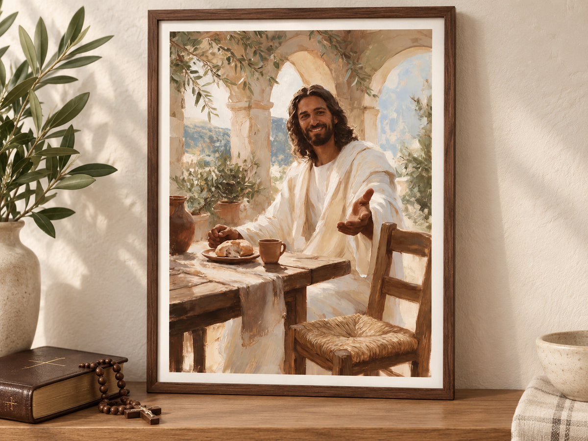 Come to the Table fine art paper print in a walnut frame beside a prayer book and rosary.