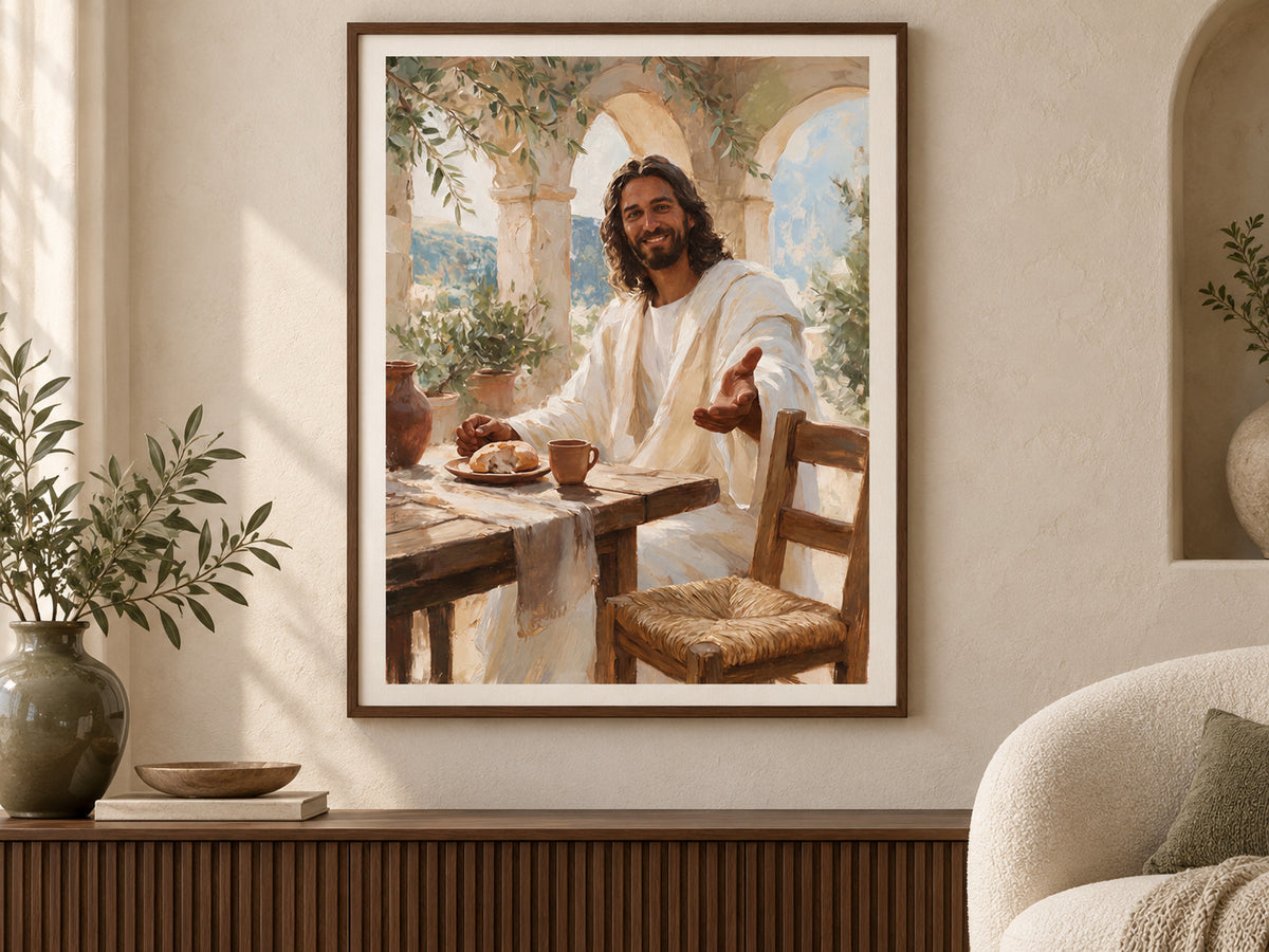 Come to the Table framed paper print above a wood console with sculptural furniture and restrained pottery.