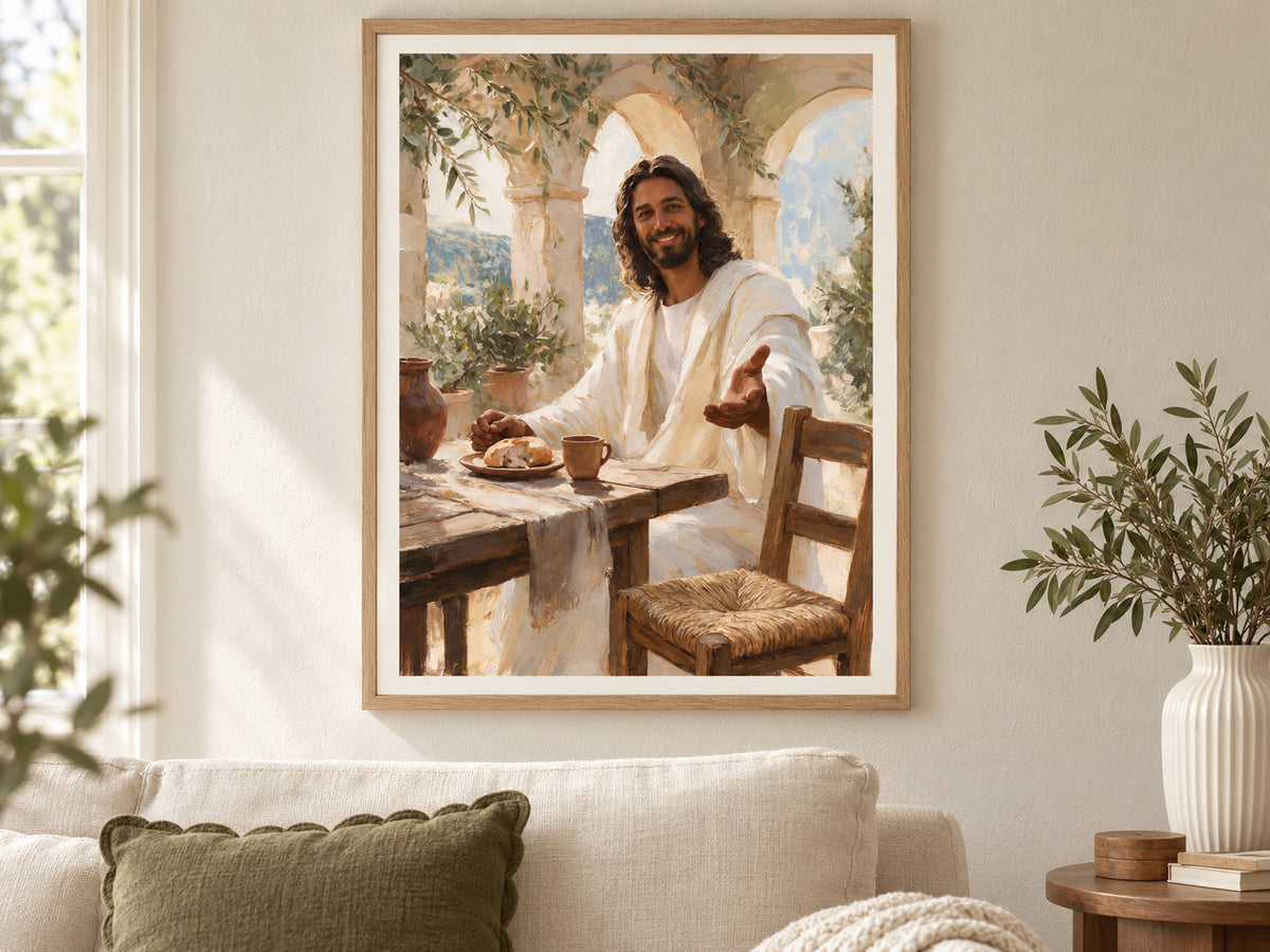 Come to the Table framed paper print in a calm sitting room with linen and warm wood accents.