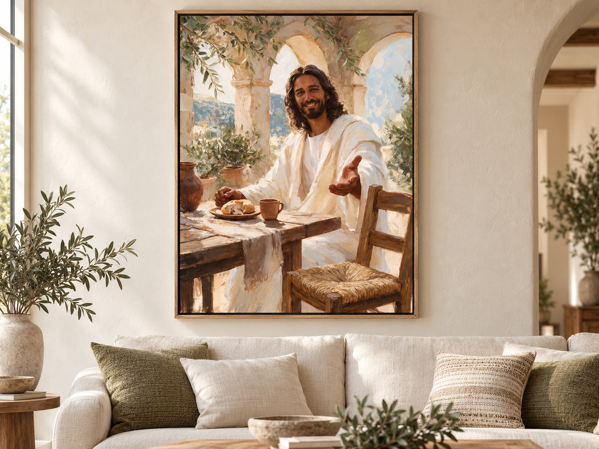 Come to the Table canvas in an oak floating frame, styled in a refined family living room.