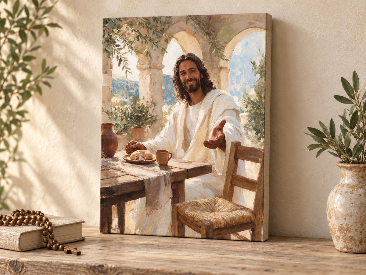Come to the Table unframed stretched canvas beside a prayer book and rosary in a small prayer corner.