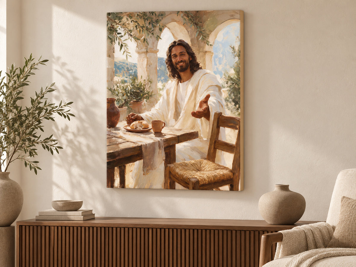 Come to the Table unframed canvas above a slatted walnut console with linen seating and pottery.