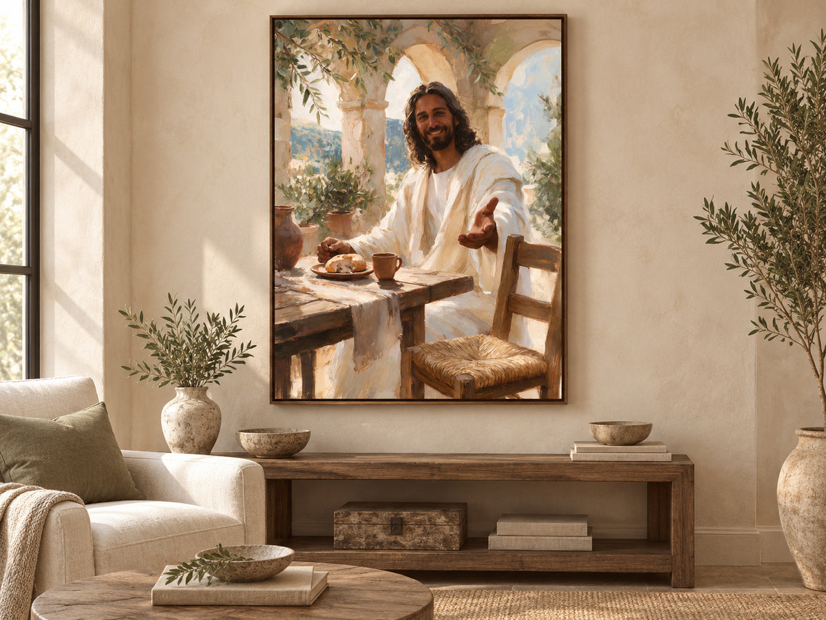 Come to the Table canvas in a walnut floating frame in a quiet room with linen and warm wood.