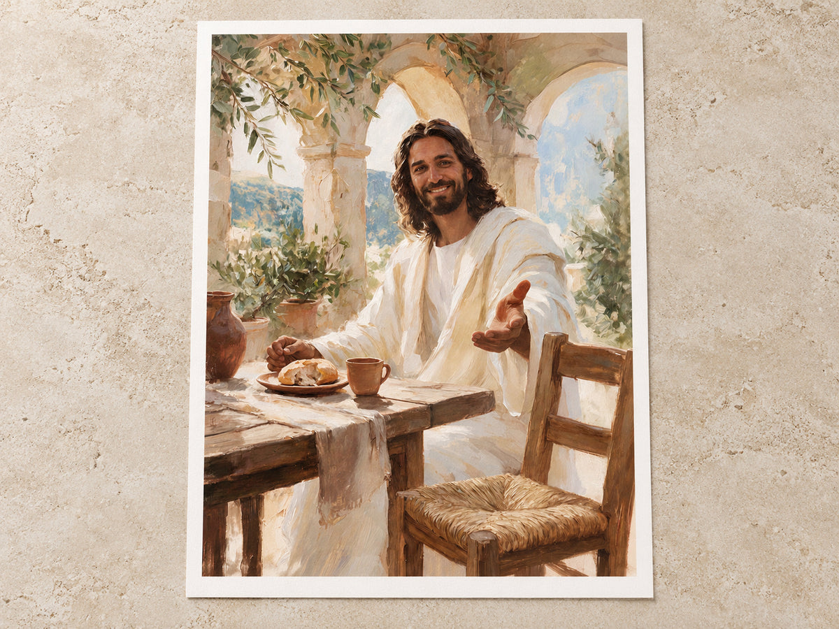 Come to the Table loose fine art paper print on warm stone, showing an even warm-white half-inch margin on all four sides.