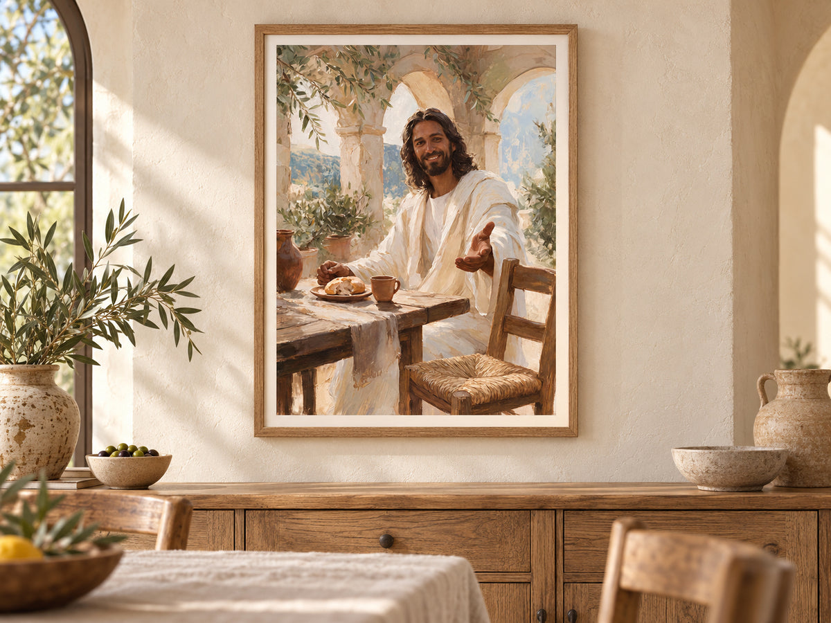 Come to the Table fine art paper print in an oak frame beside a family dining table, with warm plaster and olive greenery.