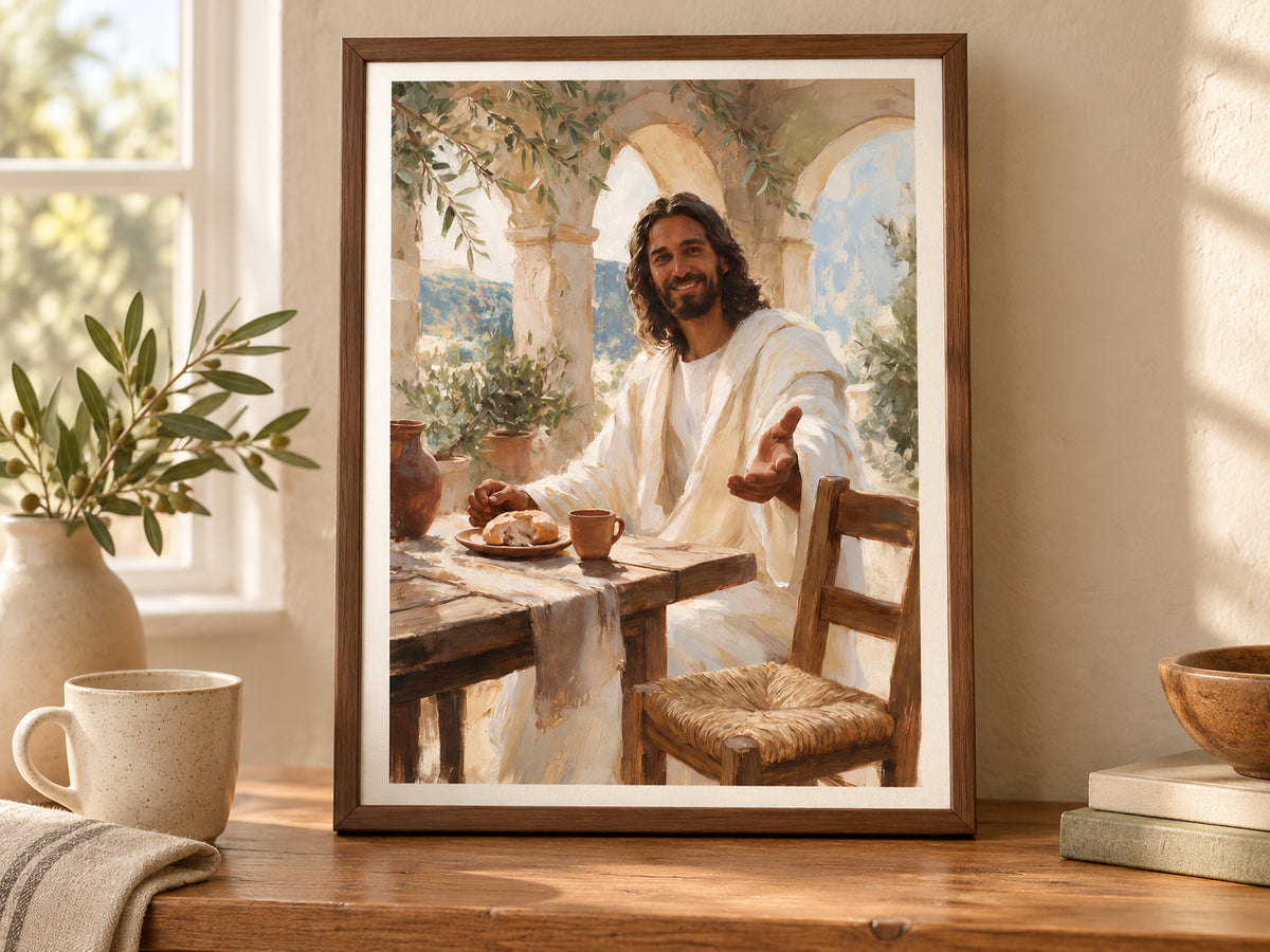 Come to the Table framed paper print styled by a small breakfast nook and sideboard in soft natural light.