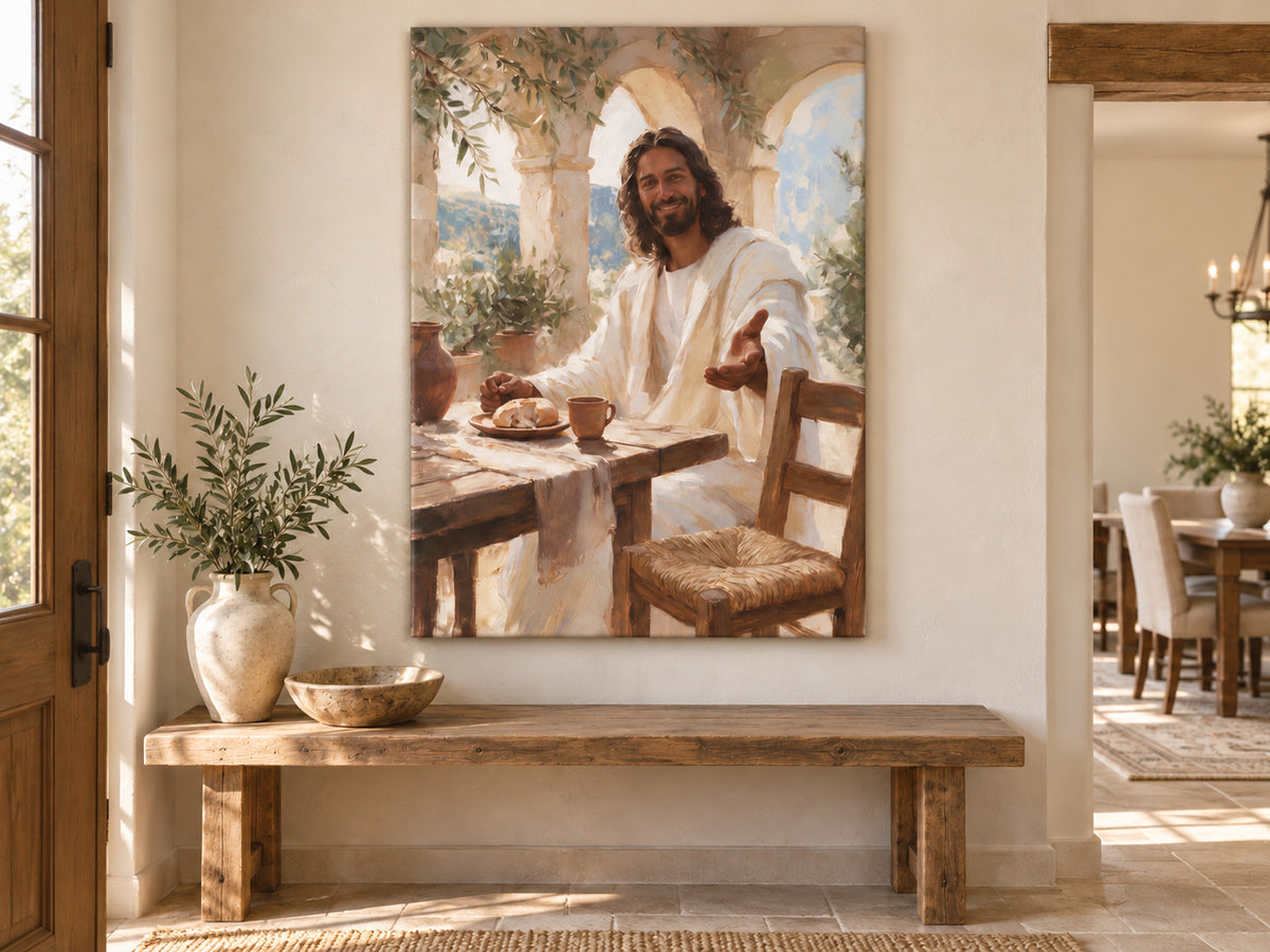 Come to the Table unframed canvas above a welcoming entry console near a dining room.