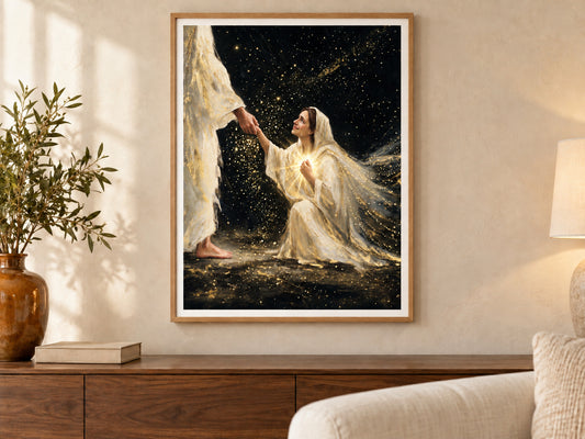 Faith in Him #3 vertical fine art paper print in an oak frame above a warm wood console in a neutral living room.
