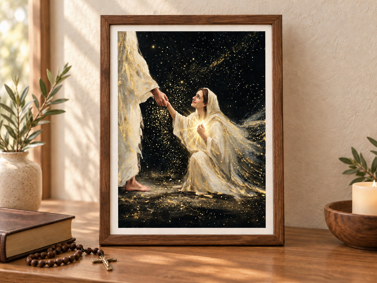 Faith in Him #3 vertical paper print in a walnut frame beside a prayer book and rosary.