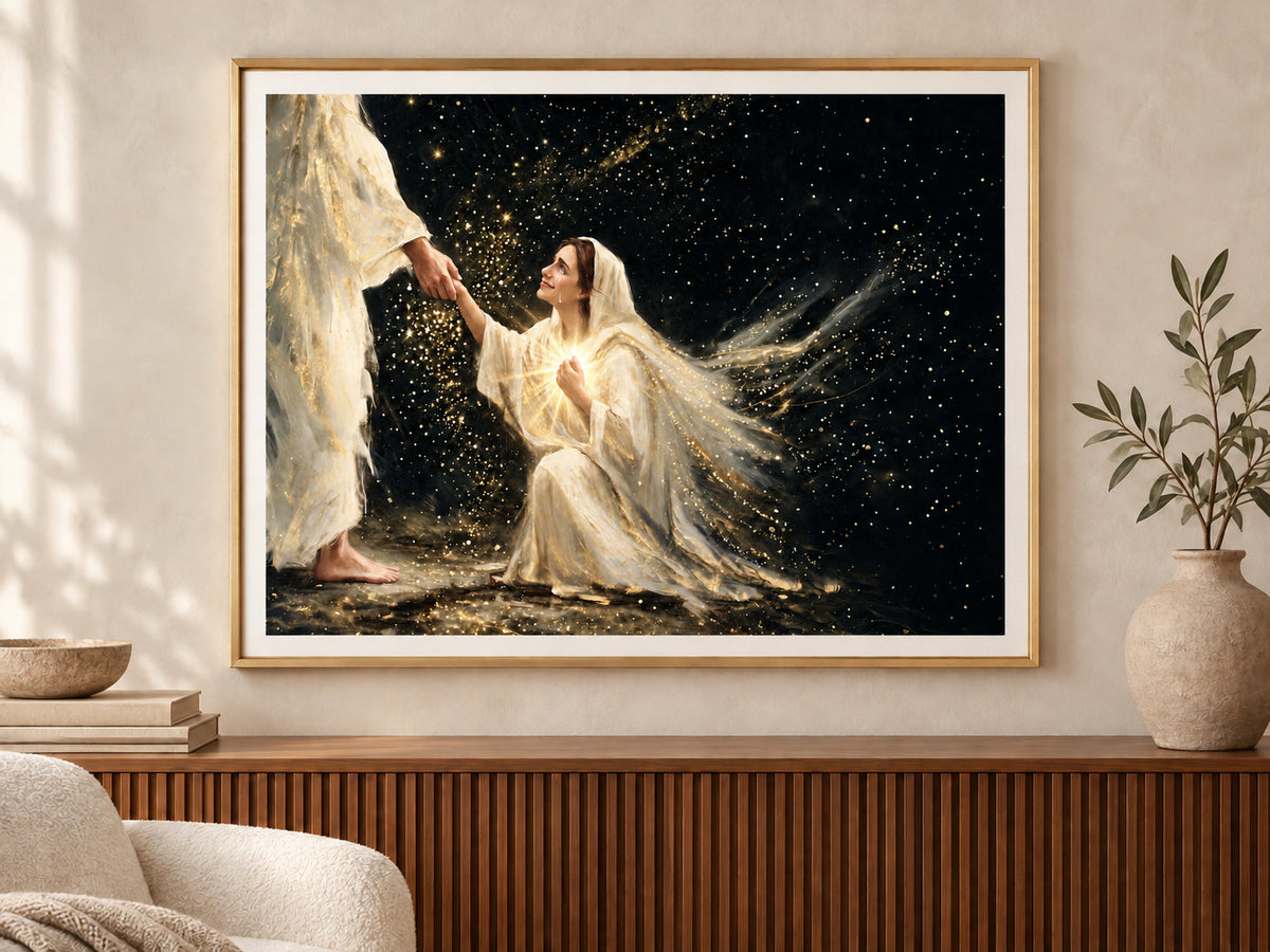 Faith in Him #3 horizontal paper print in a slim gold frame above a walnut console with sculptural furniture.