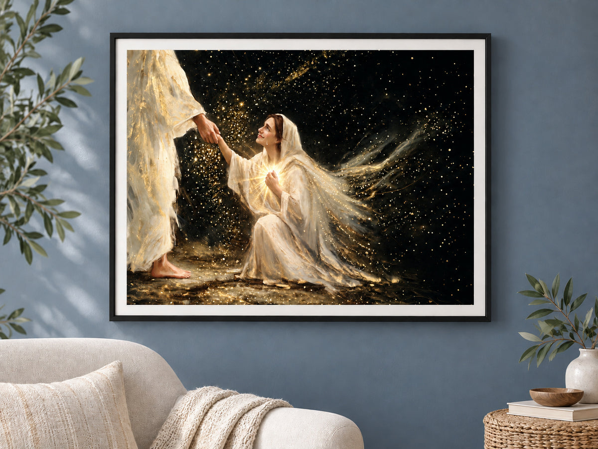 Faith in Him #3 horizontal paper print in a slim black frame against a muted blue wall with soft seating and greenery.