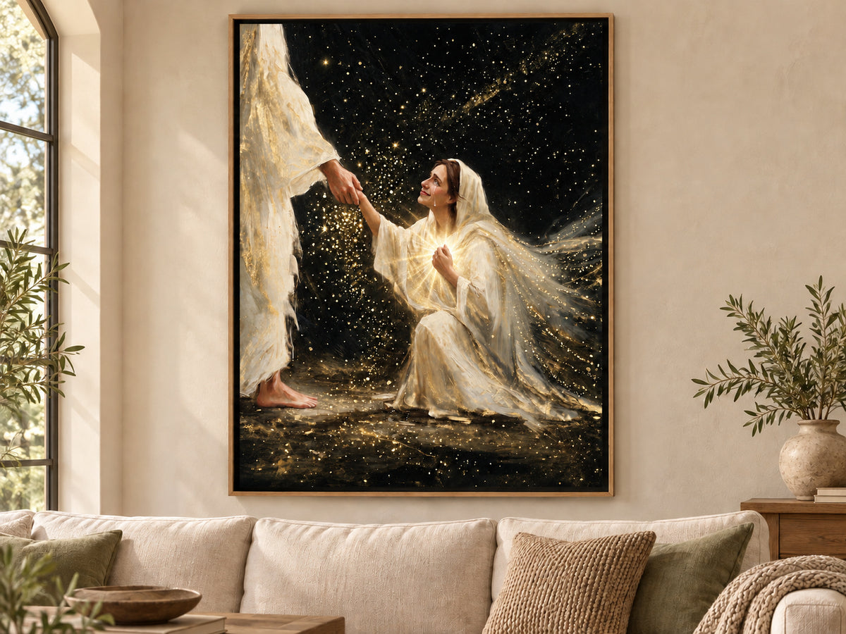 Faith in Him #3 vertical canvas in an oak floating frame in a refined living room.
