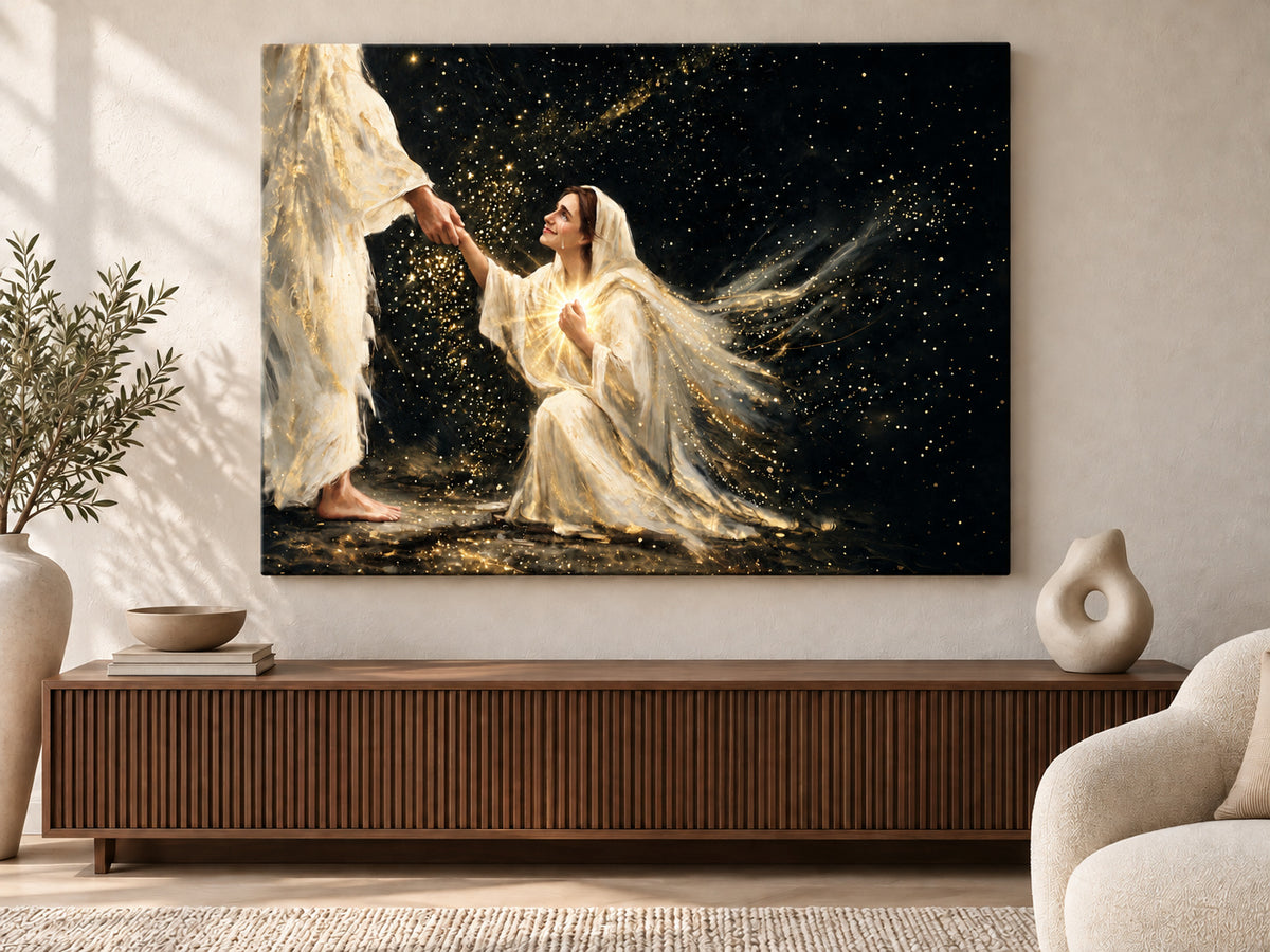 Faith in Him #3 horizontal unframed canvas above a walnut console with rounded ivory seating and pottery.
