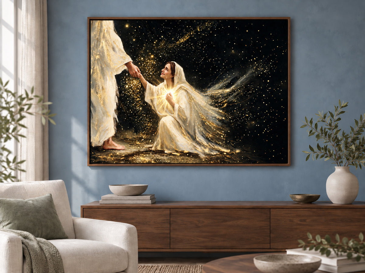 Faith in Him #3 horizontal canvas in a walnut floating frame against a muted blue wall with soft neutral furnishings.