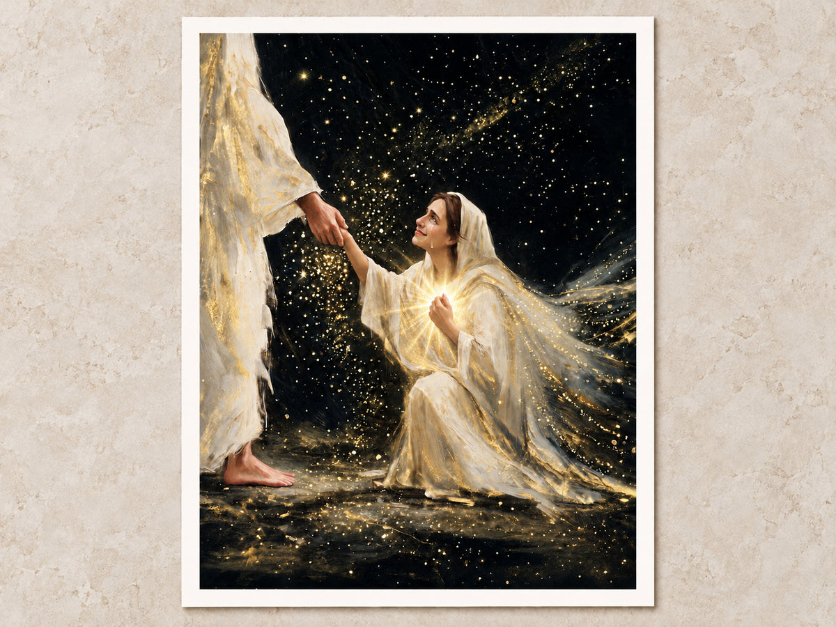 Faith in Him #3 vertical loose fine art paper print on warm stone, with an even warm-white half-inch margin on all four sides.