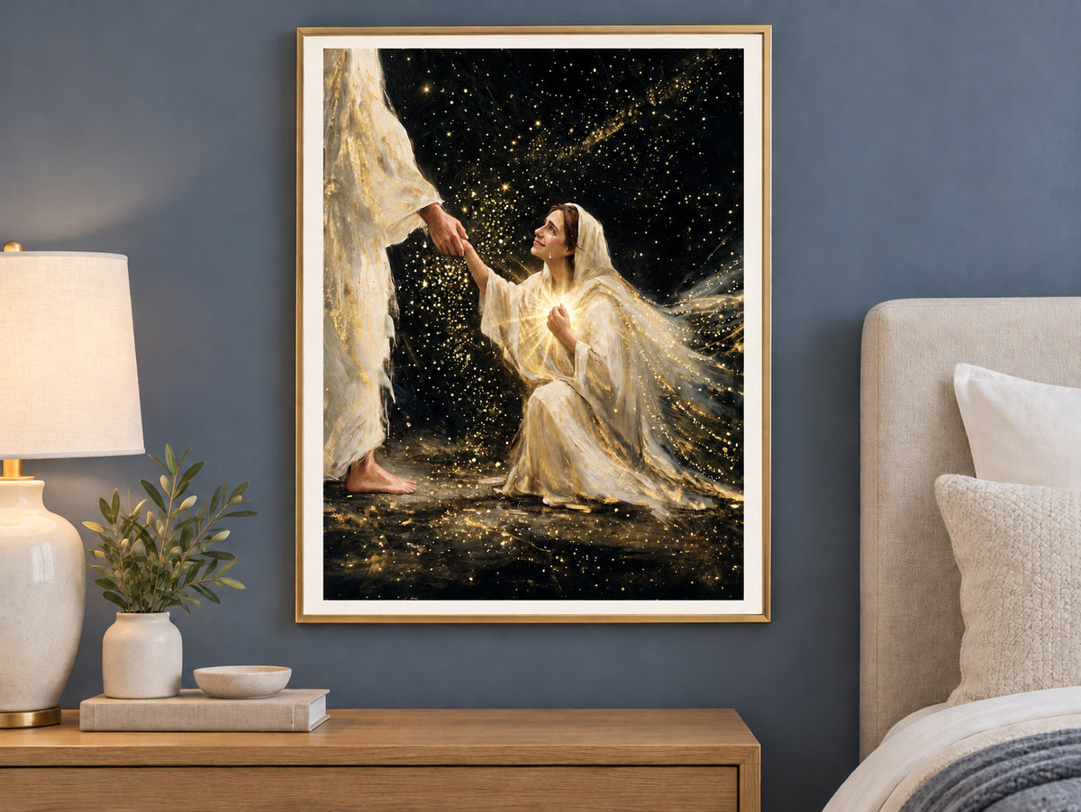 Faith in Him #3 vertical paper print in a simple gold frame in a restful bedroom with slate blue and cream tones.