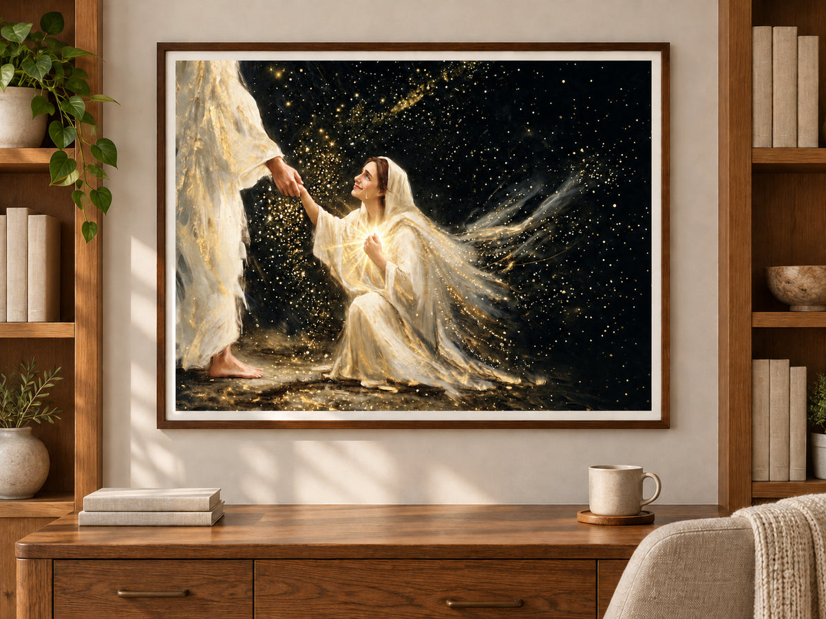 Faith in Him #3 horizontal paper print in a walnut frame in a quiet home study with wood shelving and linen.