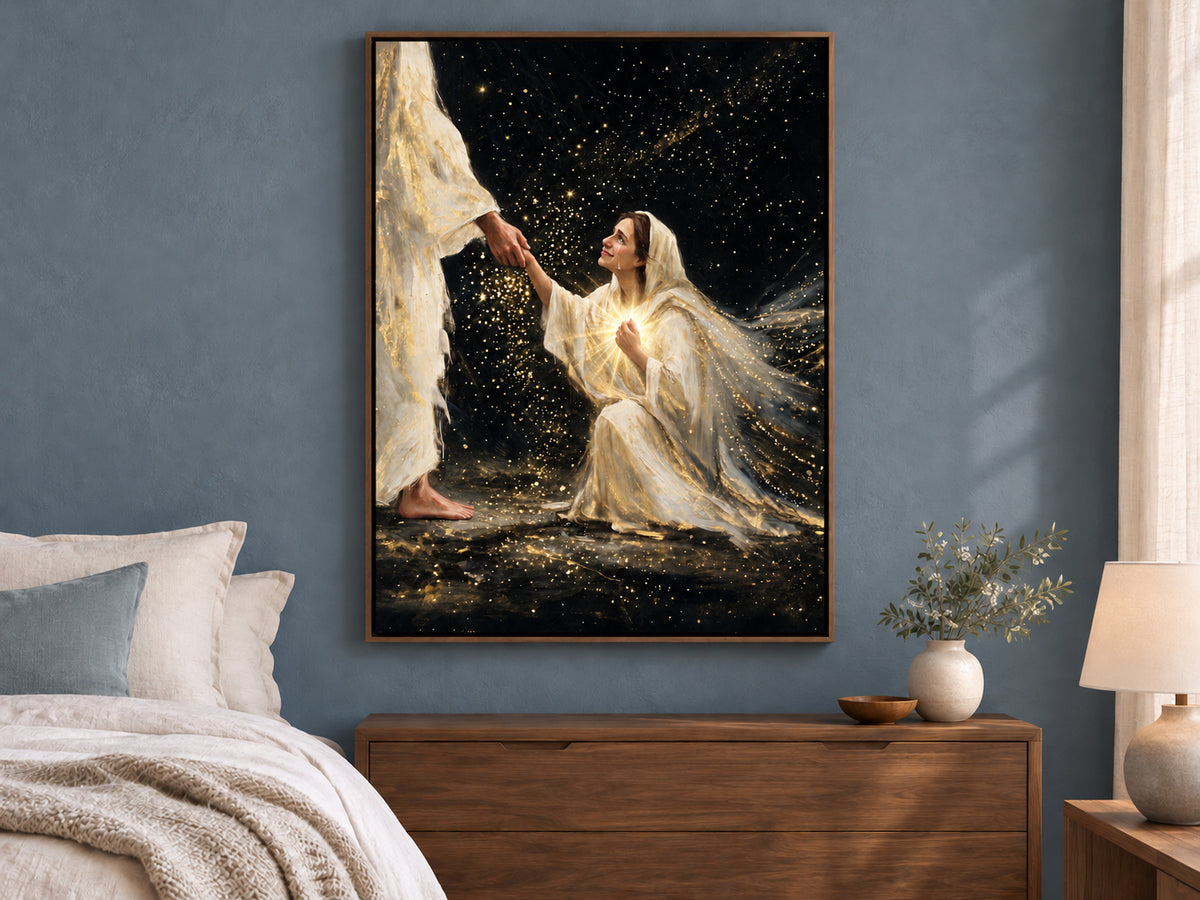 Faith in Him #3 vertical canvas in a walnut floating frame in a quiet bedroom with soft blue and cream accents.