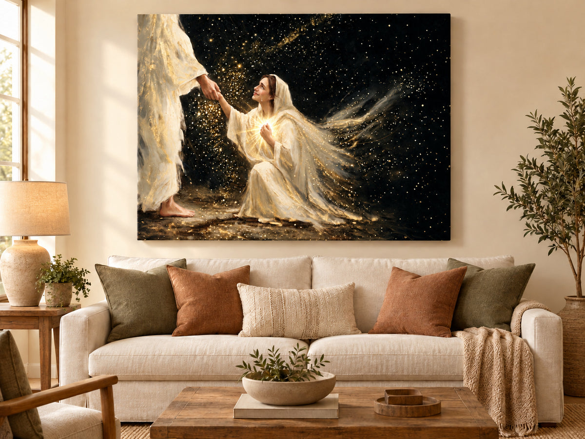 Faith in Him #3 horizontal unframed canvas above a linen sofa in a warm family living room.