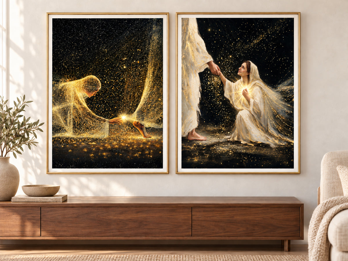 Companion paper display: Faith in Him #2 on the left and Faith in Him #3 on the right, both vertical in matching gold frames. Each artwork is sold separately.
